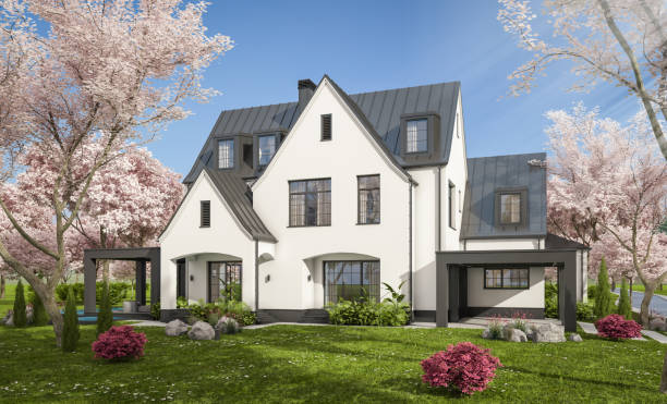 istock 3d rendering of new concrete house in modern style in spring day 1977475870