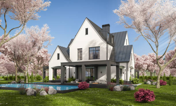 istock 3d rendering of new concrete house in modern style in spring day 1977475878