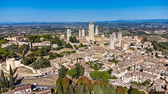 Aerial view of Montepulciano, a medieval and Renaissance hill town in the Italian province of Siena in southern Tuscany, Italy