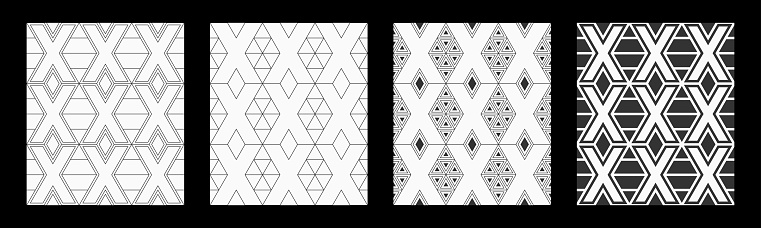 Set of four vector seamless patterns. Geometric shapes patterns. Mosaics motif. Rhombuses patterns. White X alphabet patterns. Abstract seamless black and white vector backgrounds.
