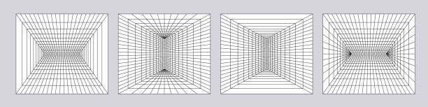 Wireframe Art Set of retrofuturistic design elements. Perspective grid room projection box plot graph stock illustrations