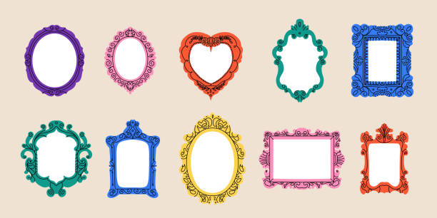 Vintage frame set. Picture border. Various decorative isolated elements different forms in doodle style. Elegant retro frameworks. Modern mirror design. Art gallery objects. Vector illustration Vintage frame set. Picture border. Various decorative isolated elements different forms in doodle style. Elegant retro frameworks. Modern trendy mirror design. Art gallery objects. Vector illustration cartoon of a fancy filigree border design stock illustrations