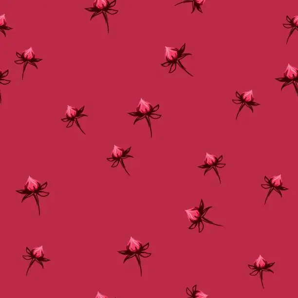 Vector illustration of Minimalist seamless pattern with rose flowers buds. Simple abstract floral painting on a burgundy background. Vector hand drawn sketch. Design for printing, fabric, fashion, textile