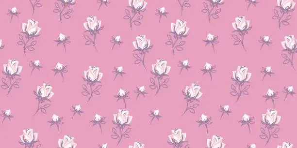 Vector illustration of Abstract stylized tiny flowers roses and small buds, leaves stem seamless pattern. Vector hand drawn. Retro monotone pink cute meadow floral background. Design ornament for fashion, fabric, textile