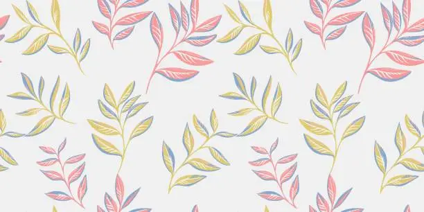 Vector illustration of The trendy minimalist stems leaves pattern is scattered randomly. Simple light background with abstract garden leaf branches. Vector hand drawn. Template for design, textile, fashion, print, fabric