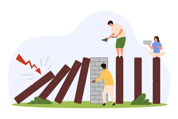 Vector illustration of Proactive risk management, tiny people building brick wall to avoid falling domino