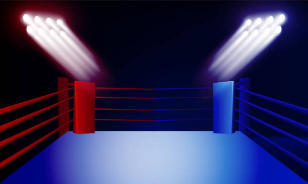istock Boxing ring arena and floodlights vector design Bright stadium arena lights red blue. Vector illumination 1977522752