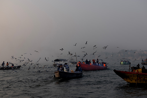 The river Ganges at Varanasi in the morning sunrise while flock of seagulls are flying above of tourist's boat,The river Ganges is famous of people Indian hindu religion arrive at their ghats to bath and pray at river Ganges.