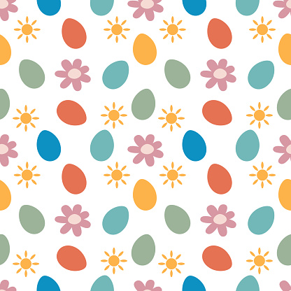 Seamless Easter pattern. Multi-colored Easter eggs, sun and flowers. For packaging, wrapping paper, textiles