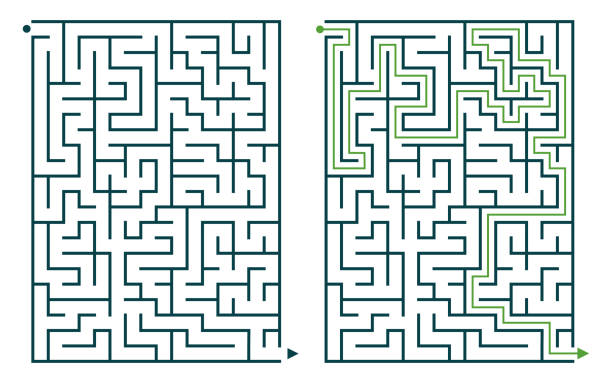 Rectangular Labyrinth Top View Isolated White Background. Classic Maze game  for children and beginner