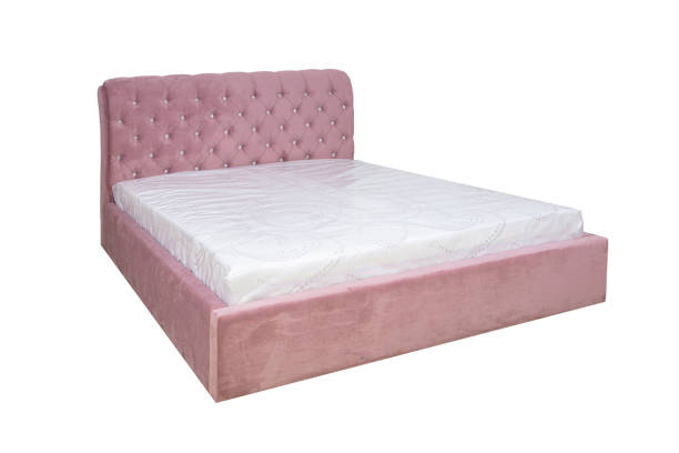 Double bed with soft headboard. Cushioned furniture.