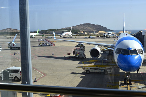 Las Palmas, Gran Canaria, Spain - January 28, 2024: D-AIAF Condor Airbus A321-211 preparing to leave airport with new passengers