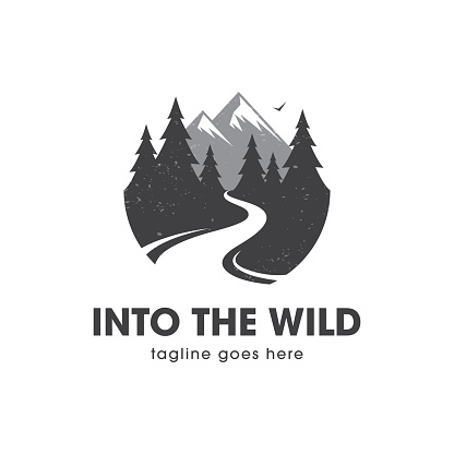 Logo with mountains, forest and river. Adventure, travel and hiking symbol.