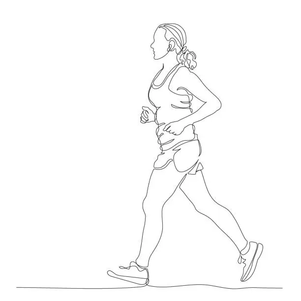 Vector illustration of Woman jogging. Side view. Continuous line drawing. Hand drawn black and white vector illustration in line art style.
