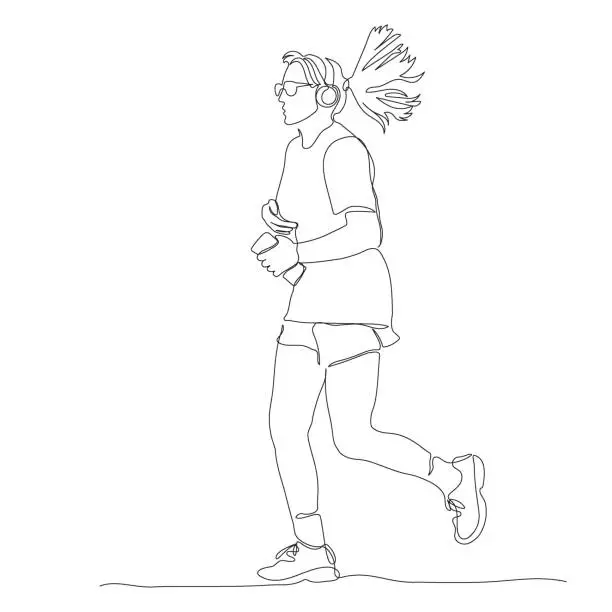 Vector illustration of Woman with headset jogging. Holding mobile phone. Continuous line drawing. Hand drawn black and white vector illustration in line art style.