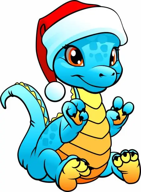 Vector illustration of Cute blue baby dragon in Santa hat.