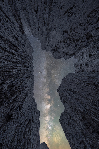 Clear night sky above a slot canyon in Nevada known as moon caves