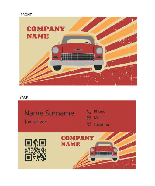 Vector illustration of A retro-style business card for a taxi in red.