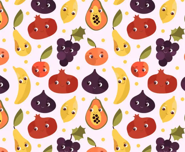 Vector illustration of Vector seamless pattern Cartoon fruit character set. Funny emoticon in flat style. Vector illustration