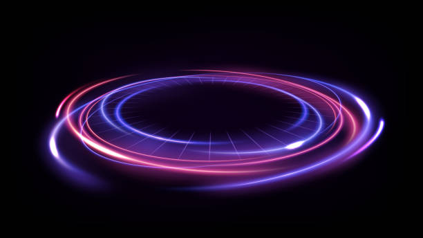 ilustraciones, imágenes clip art, dibujos animados e iconos de stock de rayos violetas giratorios con fondo de chispas, ilustración vectorial de pantalla ancha - orbitar