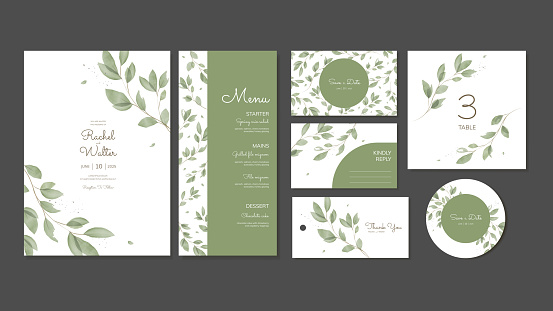 Spring and Summer Templates of Invitations, Menus, Thank You Cards, Table Numbers for Wedding Celebration with Green Watercolor Leaves. Vector