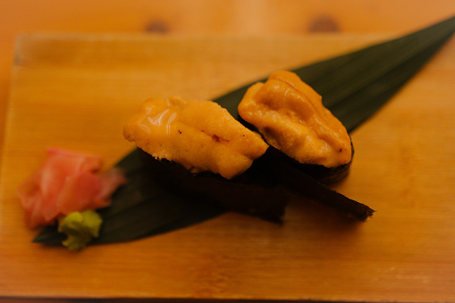 Uni sushi in Japan.
Sea urchin gunkan roll