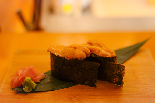 Uni sushi in Japan.
Sea urchin gunkan roll