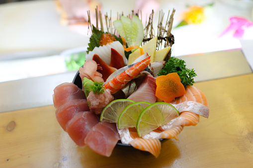 Bowl of rice topped with sashimi in Japan.\nJapanese Food.