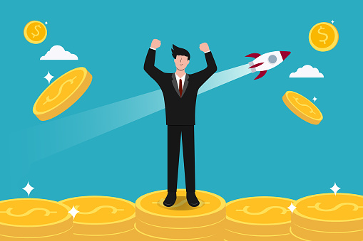 Illustration of an elated businessman celebrating on top of coin stacks with a rocket symbolizing soaring profits and financial success.
