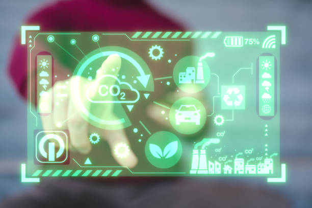 istock Reduce CO2 emissions and carbon footprint to limit global warming and climate change. Sustainable development and green business, man pointing at virtual diagram showing co2 emission icon 1977619725