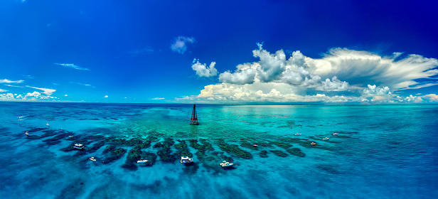 The Sombrero Reef Lighthouse near Marathon, Florida is known for its pristine reefs excellent for snorkeling and scuba diving.