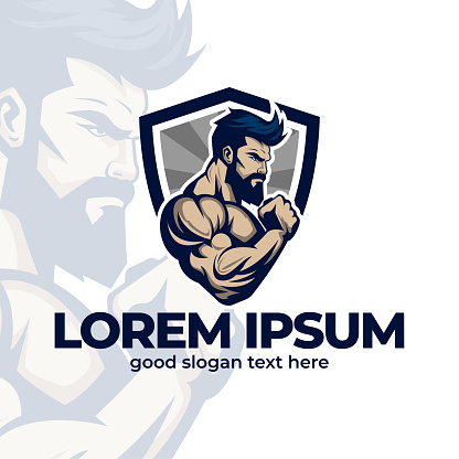 Muscle gym logo design, monochrome fitness emblems, Muscular logo illustration with shield shape