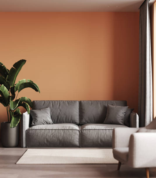 istock Stylish  living room interior with gray sofa mock up, modern interior background, empty peach color wall mockup, 3d illustration 1977650655