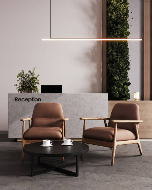istock Modern hall interior with reception desk in hotel with wood panel and moss wall, concrete floor, fitness center front desk, 3d rendering 1977650666