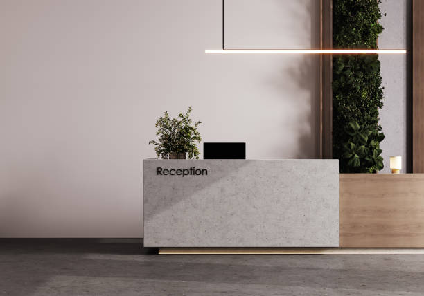 istock Reception desk and view on hallway in modern hotel, mockup front view, 3d rendering 1977650709