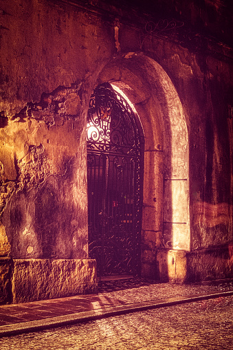 A shadowy iron gated entrance on a cobbled back street in KrakÃ³w at night time.