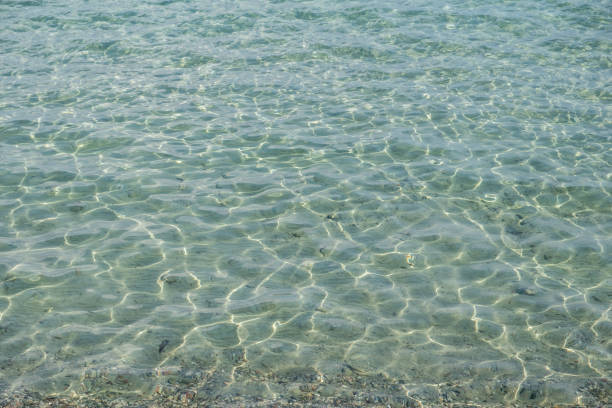 Clear shallow light blue sea, ripple transparent sparkle water surface background texture. Underwater pebble and sand, destination Greece. Space