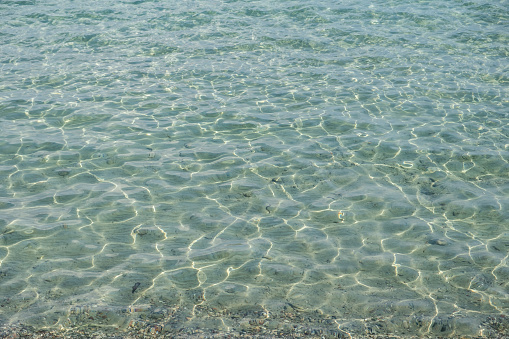 Clear shallow light blue sea, ripple transparent sparkle water surface background texture. Underwater pebble and sand, destination Greece. Space