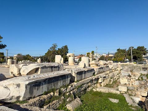 Great Propylaea Archaeological Site at Elefsina, Athens Greece. Gateway, the marble column entrance to the Sanctuary for Eleusinian Mysteries.