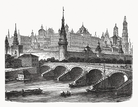 Historical view of the Kremlin in Moscow, Russia. Wood engraving, published in 1869.