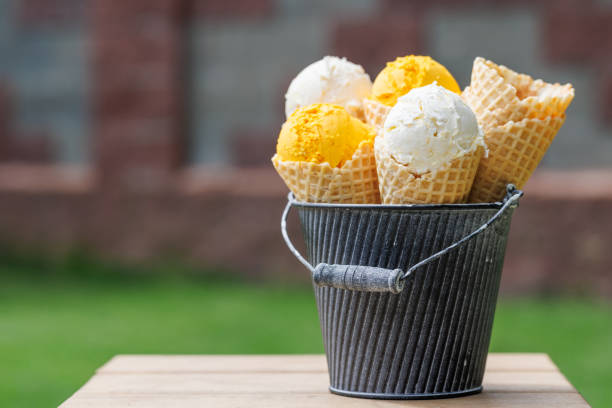 Assorted ice cream flavours in delightful waffle cones