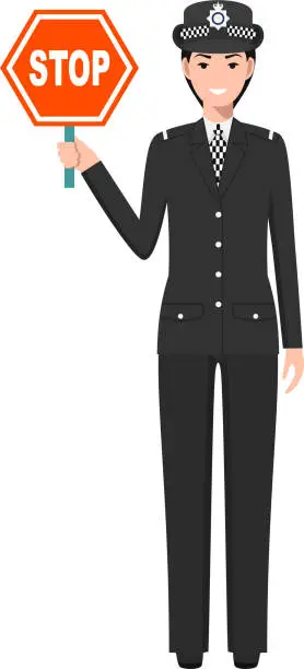 Vector illustration of Standing British Policewoman Officer with Warning Sign Stop in Traditional Uniform Character Icon in Flat Style. Vector Illustration.