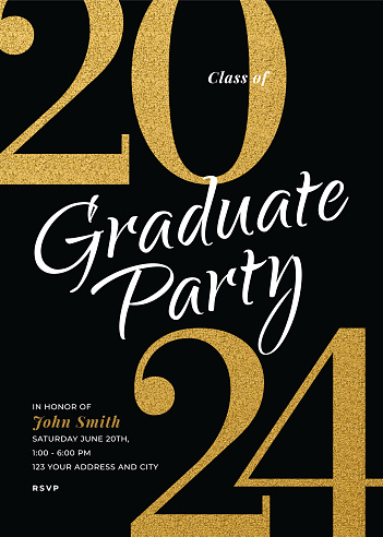 Graduation Class of 2024. Party invitation. Greeting cards with golden glitter. Stock illustration