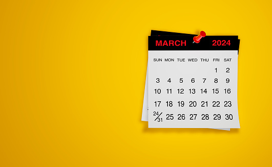 March 2024 calendar on yellow background