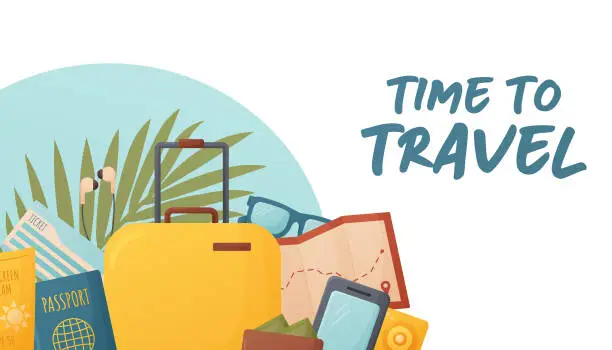 Vector illustration of time to travel banner design, illustration with passport, ticket, suitcase, wallet, template for website, tourism, vacation background