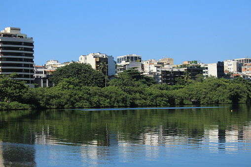 A Rodrigo de freitas lagoon landscape background photography, showing various elements around