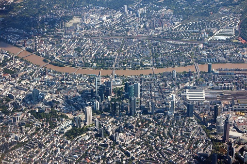 Frankfurt am Main city aerial view in Germany with high level of water in River Main.
