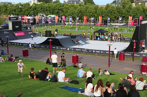 People visit Museumplein for Urban Sports Week Amsterdam event - Soulcycle Street Championship BMX contest finals.
