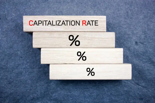 Photo of CAPITALIZATION RATE text, acronym on wooden blocks. Capitalization rate financial concept.