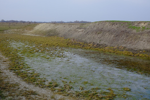 The exposed bottom of a dry pond. A shallow water body. A steep slope of the bank of an artificial pond.